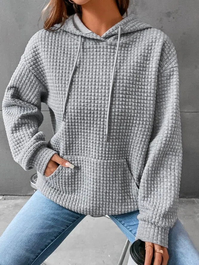 Womens Hoodies Casual Long Sleeve Drawstring Waffle Pullover Tops Loose Hooded Sweatshirt with Pocket - Seldom Seen Styles