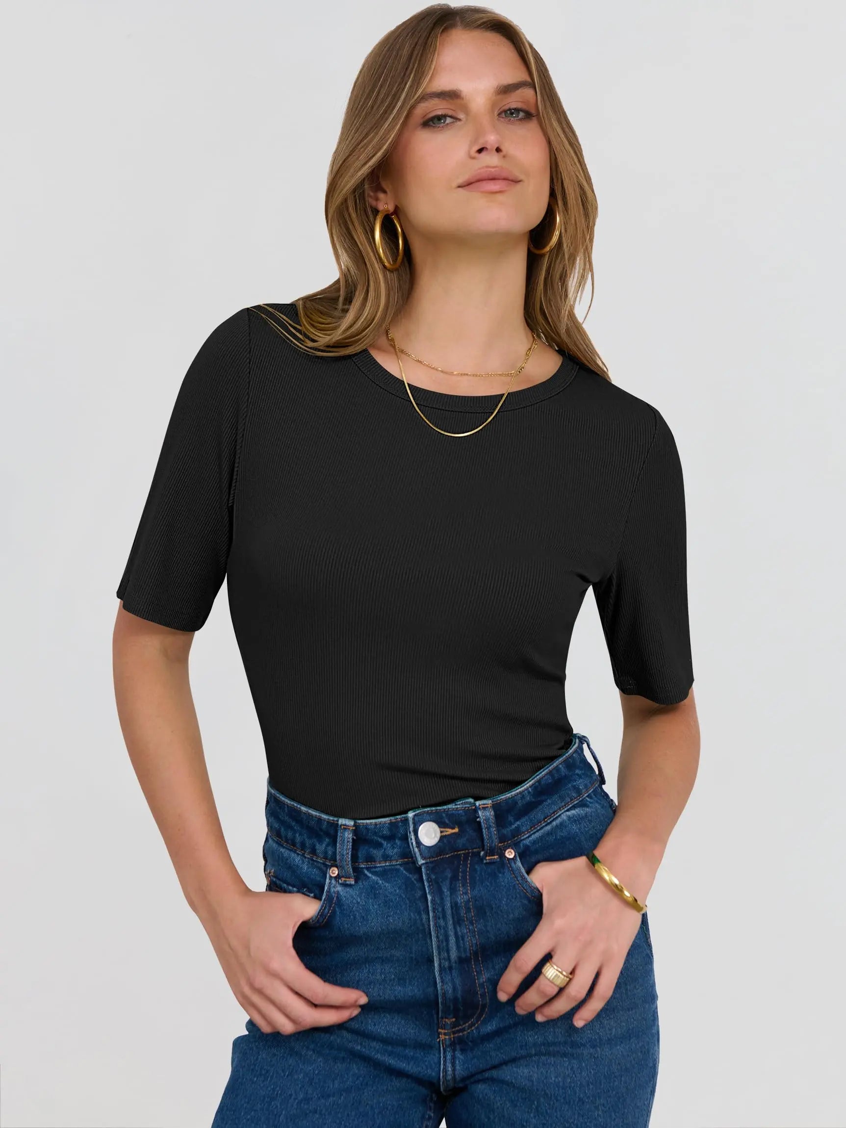ANRABESS Womens Half Sleeve Crewneck Tops Ribbed Knit Slim Fit Shirts Basic Tee 2026 Spring Summer Dressy Casual T-Shirts - Seldom Seen Styles