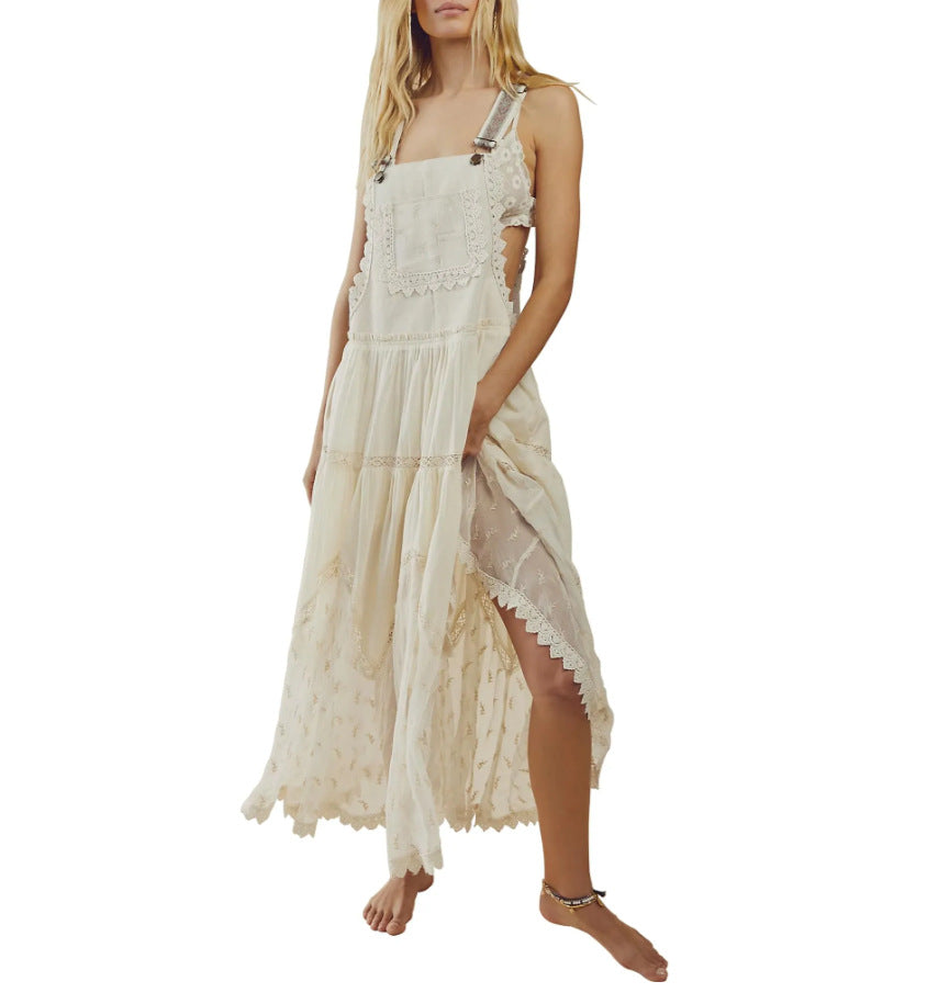 Women's Summer Laced Embroidered Tulle Bib Beachwear Dress Casual Comfortable Loose Adjustable Straps Maxi Dress Fabric Womenswear - Seldom Seen Styles