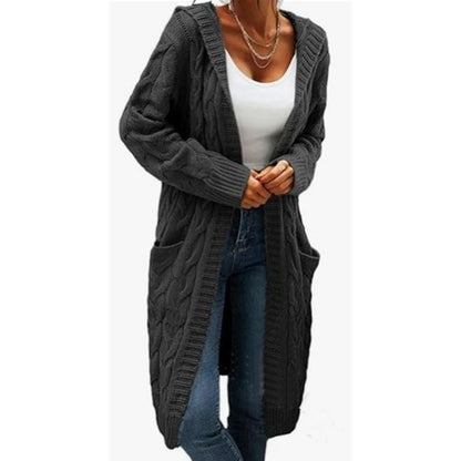 Women's Pocket Drop Shoulder Cardigan, Hooded Long Sleeve Warm Top, Casual Textured Knit Open Front Cable Outwear, Sweaters for Women