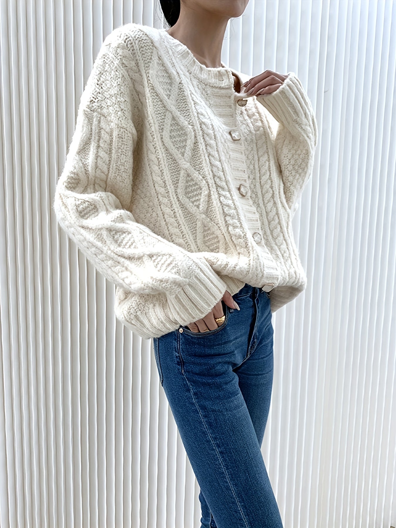 Women's Casual Crew Neck Cable Knit Cardigan - 100% Polyester Chunky Knit Sweater Coat for All Seasons - Solid Color, Thick Open Front Outerwear