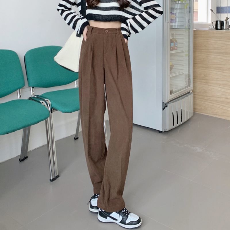 Corduroy Pants Wide Leg Women2023Autumn and Winter New High Waist Loose and Slimming Mopping Floor All-Matching Straight Casual Strip