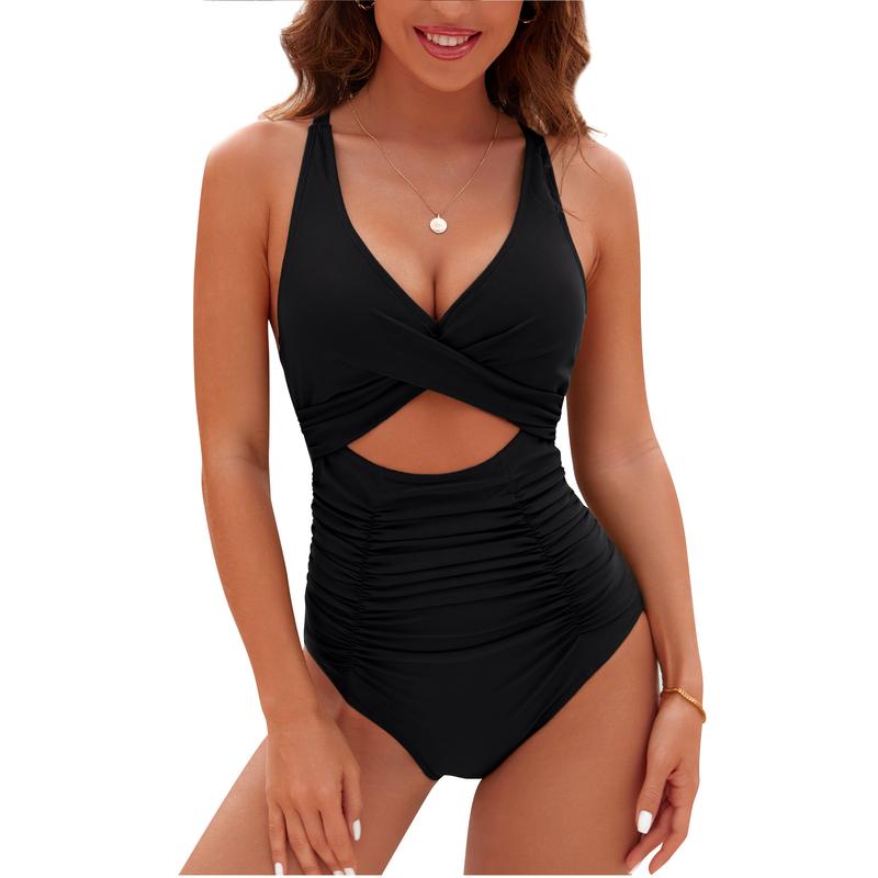 Womens One Piece Swimsuits Push Up Tummy Control Bathing Suits V Neck Cutout Modest Swimwear - Seldom Seen Styles