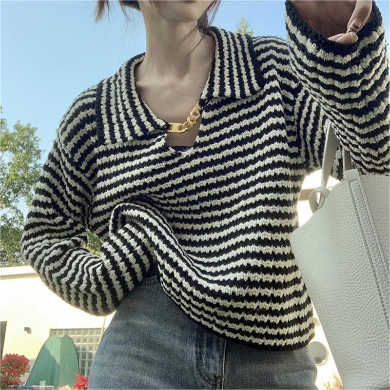 Women's French-Style Black and White Striped Lapel Pullover Sweater2024Autumn and Winter New Loose and Lazy Style Chic Knitted Top