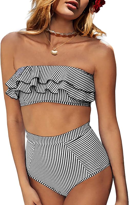 Women High Waisted 2 Piece Bikini Set Bandeau Ruffle Swimsuit Top Striped Bathing Suits - Seldom Seen Styles