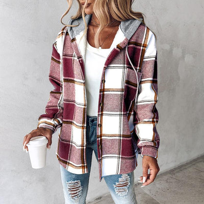 Women's Plaid / Houndstooth Print Button Front Hooded Coat, Casual Longsleeves Pocket Coat for Fall & Winter, Ladies Outerwear for Daily Wear, Womenswear