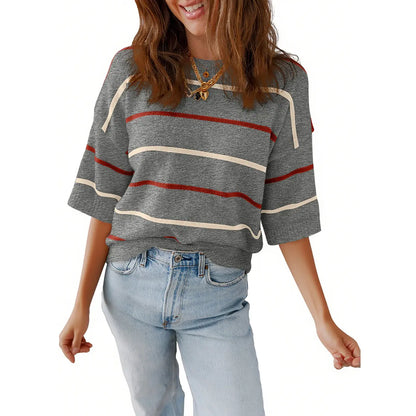 Shewin 2026 SummerVibes Women's Shortsleeve Round Neck Striped Pullover - Soft Breathable Polyester Sweatshirt, Chic Casual Fit, Ladies' Clothing for Daily Wear