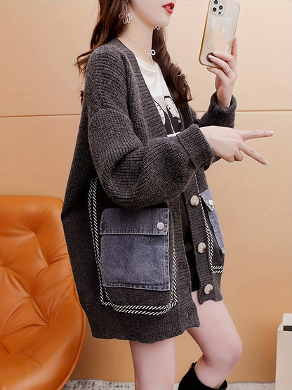 Color Block Flap Pocket Knitted Cardigan, Casual Button Front V Neck Long Sleeve Drop Shoulder Cardigan, Women's Clothing