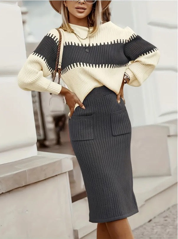 Women's Elegant Knitwear Set - Color Block Ribbed Sweater with Mock Neck and Long