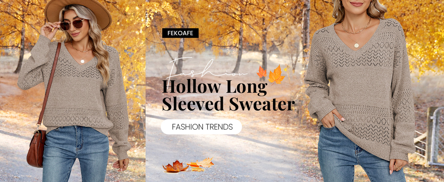 Womens Sweaters 2025 Fall V Neck Long Sleeve Hollow Knit Pullover Sweaters for Women - Seldom Seen Styles