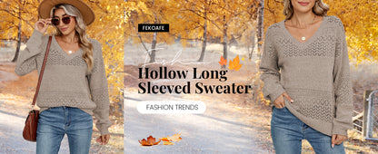 Womens Sweaters 2025 Fall V Neck Long Sleeve Hollow Knit Pullover Sweaters for Women - Seldom Seen Styles