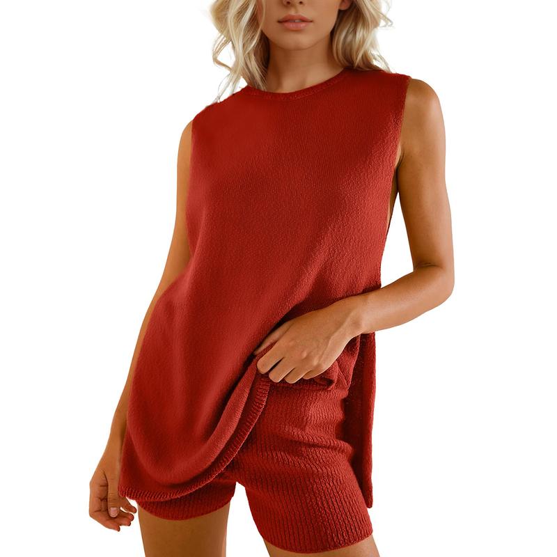 Women's 2 Piece Outfits Summer Knit Sweater Set Sleeveless Tunic Top Matching Shorts Trendy Beach Vacation Sets Loungesetwomen Suits Clothes Womenswear  Basic Beige - Seldom Seen Styles