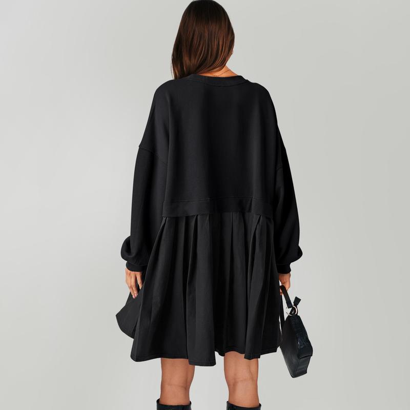 Women Oversized Sweatshirts Hoodie Dress Long Sleeve Crewneck Casual Baggy Patchwork Pleated Flowy Mini Dresses