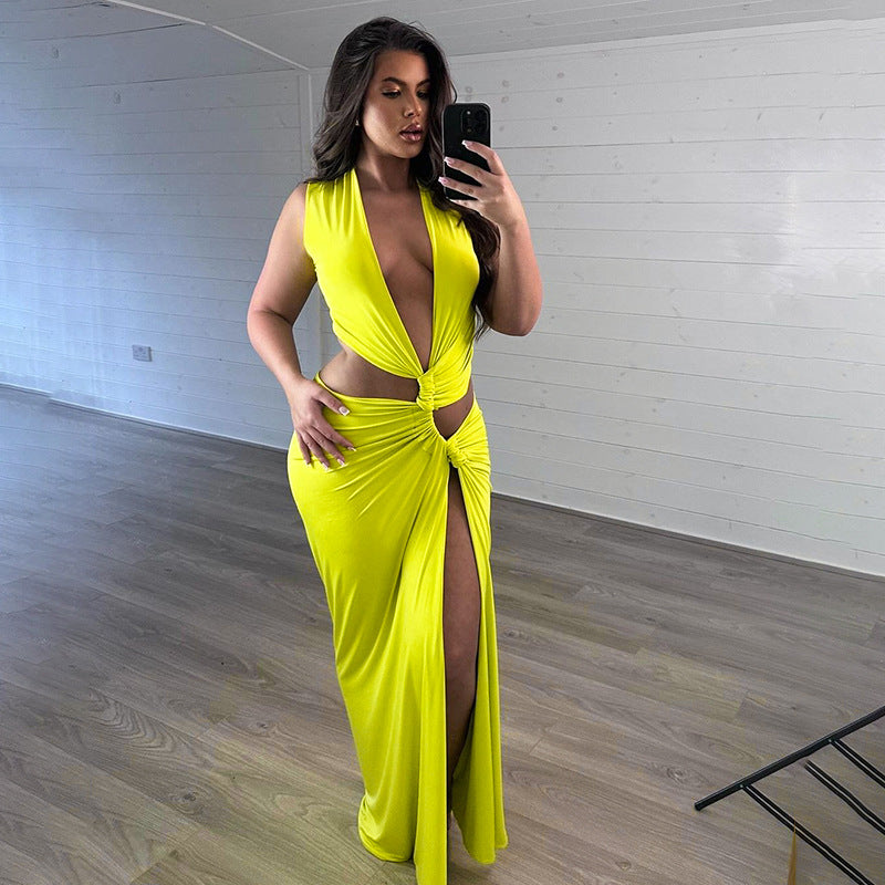 split dress long maxi bodycon gown low cut maxi dress Solid Color Sexy Deep V Cutout Slit Slim Fit Long Dress