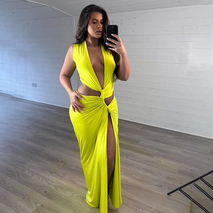 split dress long maxi bodycon gown low cut maxi dress Solid Color Sexy Deep V Cutout Slit Slim Fit Long Dress