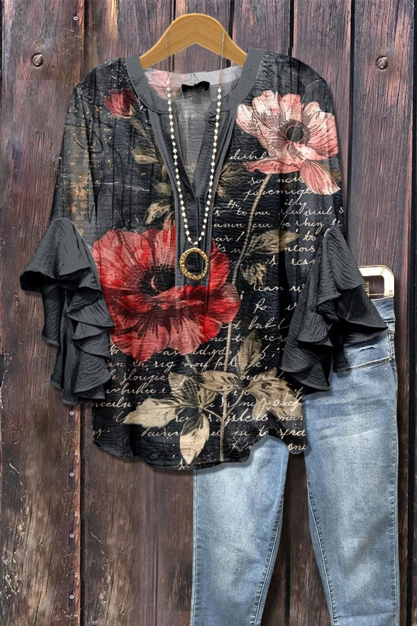 Haut à manches volantées et imprimé floral rétro pour femme, tenue vintage des années 90, chemises amusantes, élégantes et classe, jolie tenue d'été