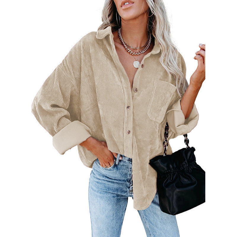 Dokotoo Womens Corduroy Button Down Shirts Boyfriend Long Sleeve Oversized Blouses Tops