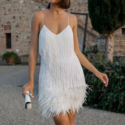 Sleeveless Fringed Sequin Feathered Mini Dress