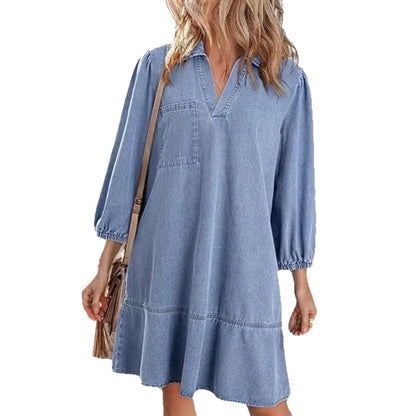 Denim Dress for Women Fashion Fall Casual Babydoll 2025 V Neck 3/4 Puff Sleeve Jean Dresses