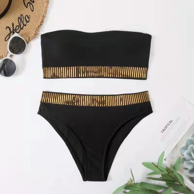 metallic swimsuit black bikini Solid Color High-waisted Two-piece Bikini Women's Swimwear - Seldom Seen Styles