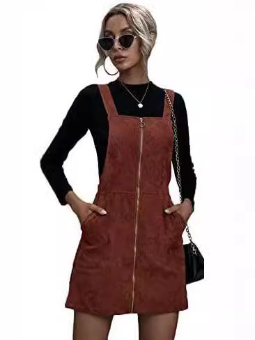 2024Europe and America Cross Border Corduroy Solid Color Dress Autumn and Winter Women's Sleeveless Zipper Pocket Casual Suspender Skirt