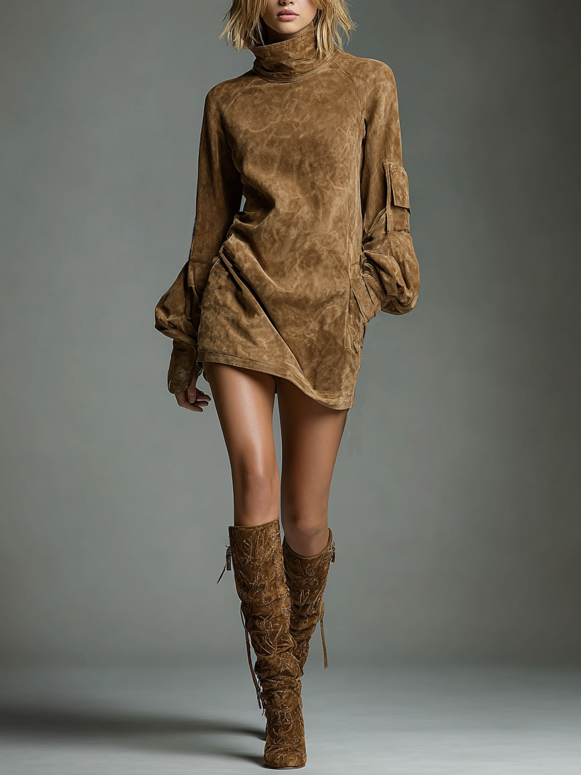 Women's Vintage Loose Suede Turtleneck Mini Dress MDA1693H3Y - Seldom Seen Styles