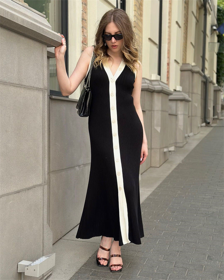 V-neck Sleeveless Single-Breasted Knitted Dress Tight European and American Midi Dress Contrast Color Cardigan Sexy Summer Dress 2024