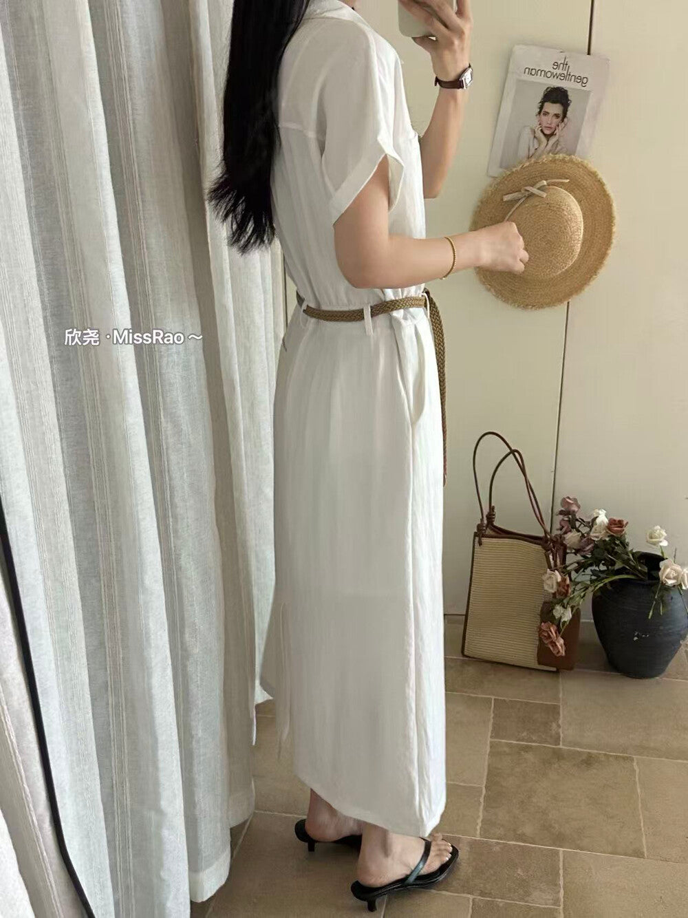 French Style Collared Short Sleeve Shirt Dress A-Line Midi Dress with Woven Belt Included White Black Khaki - Seldom Seen Styles
