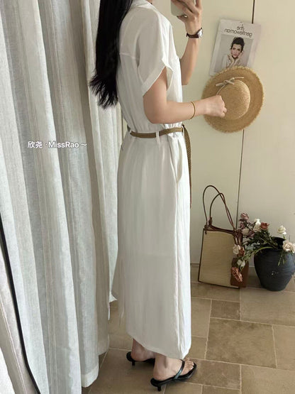 French Style Collared Short Sleeve Shirt Dress A-Line Midi Dress with Woven Belt Included White Black Khaki