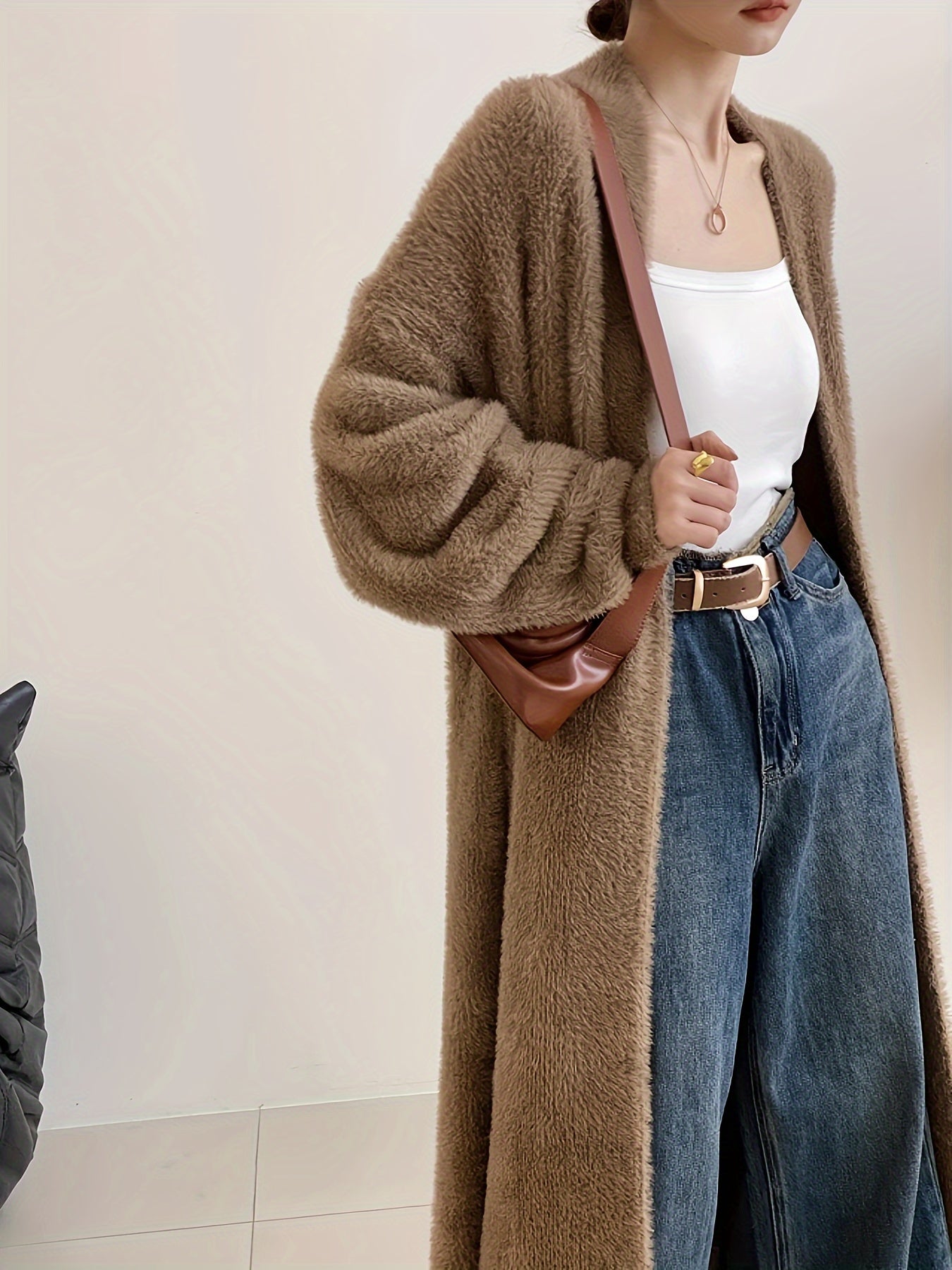 Solid Color Open Front Plush Cardigan, Elegant Long Length Oversized Cozy Sweater Outerwear, Women's Clothing