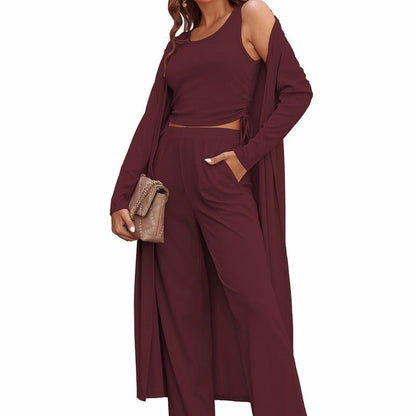 Cozy New  Women's 3 Piece Knit Lounge Set Long Sleeve Cardigan Sleeveless Top Pants Sweatsuit S-XXL