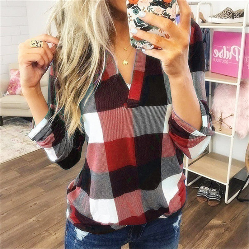 Dokotoo Womens Basic Casual V Neck Plaid Print Cotton Cuffed Long Sleeve Work Tops Blouses Shirts S-3XL