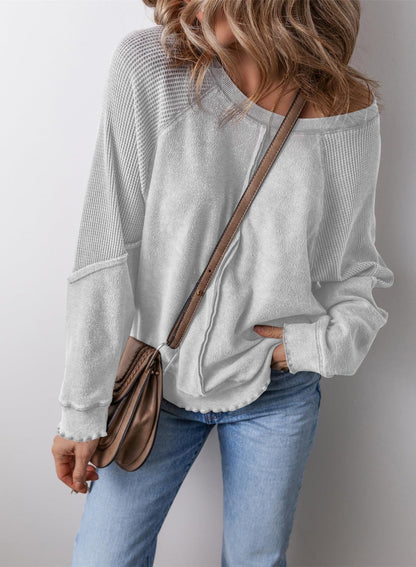 Women's Cotton Waffle Knit Casual Crew Neck Long Sleeve Back Seam Pullover Sweatshirt
