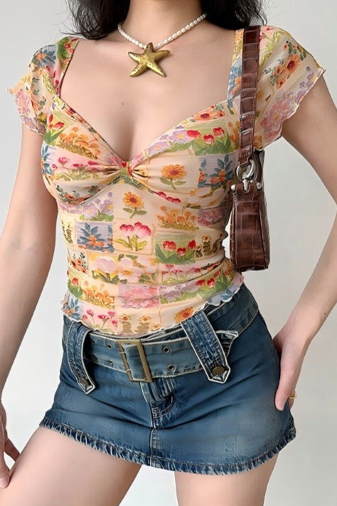 Floral Mesh Slim V Neck Tube Blouse - Seldom Seen Styles