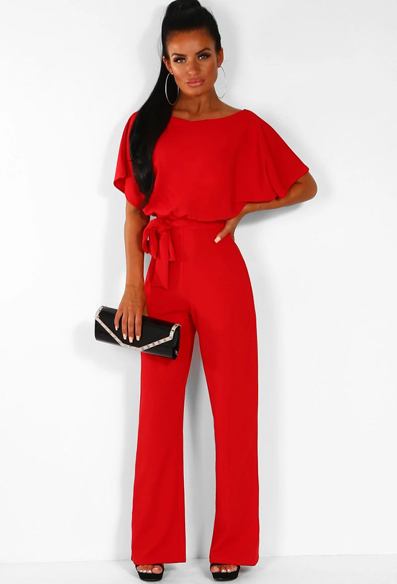Womens Loose Short Sleeve Belted Wide Leg Pant Romper Jumpsuit Business Casual One Piece Outfits - Seldom Seen Styles
