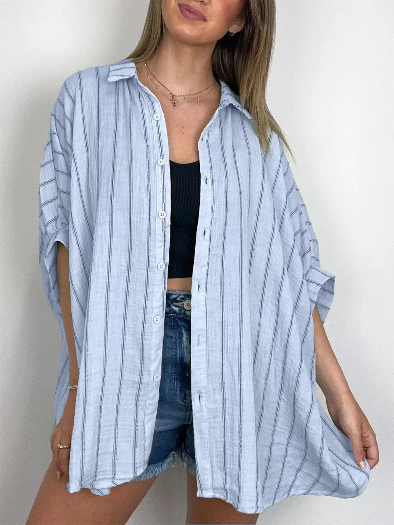 New Striped Printing Loose Casual Shirt Women