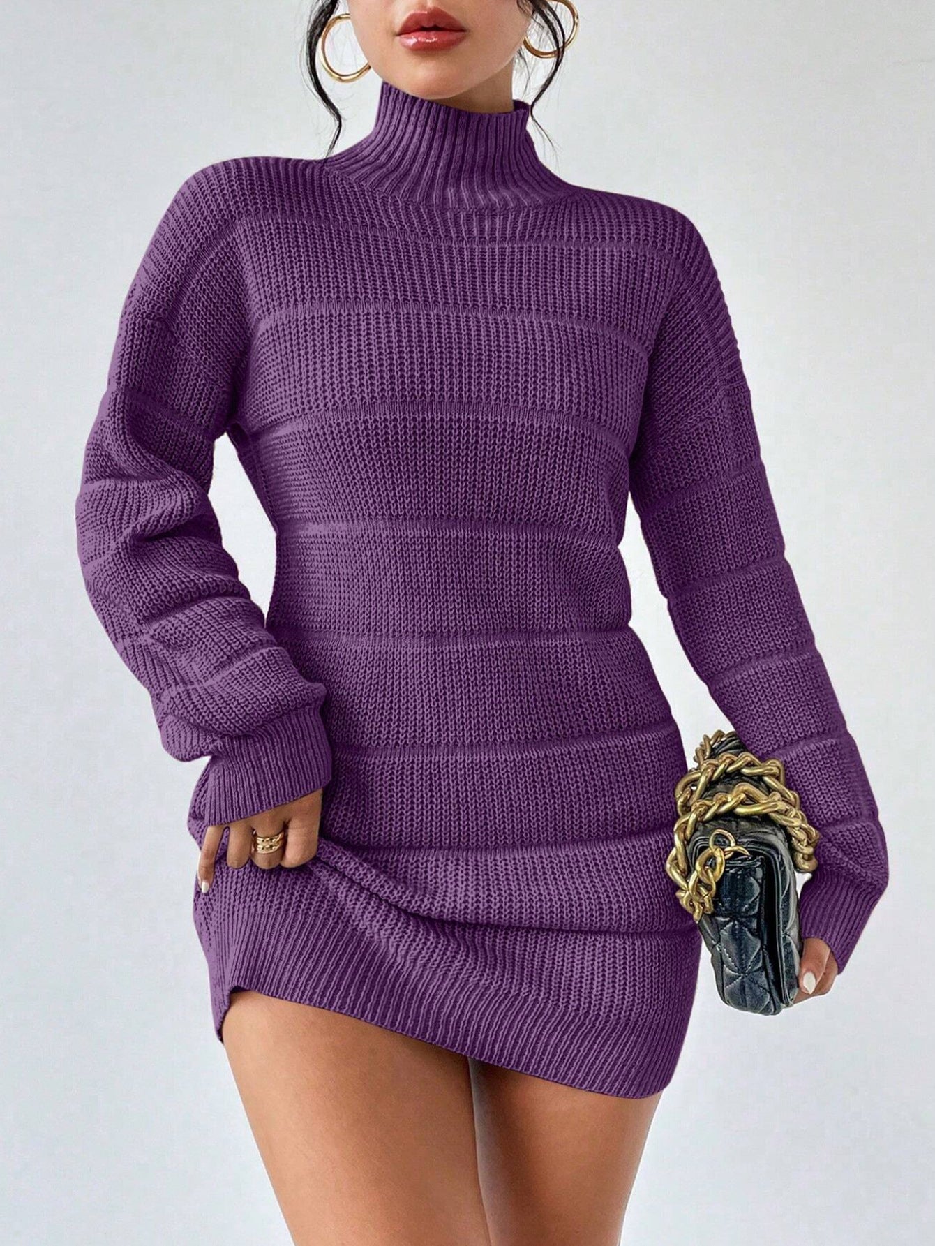 stripe Autumn and Winter Half Turtleneck Knitted Dress Women's Clothing Fashionable Solid Color All-Matching Sexy Hip dress