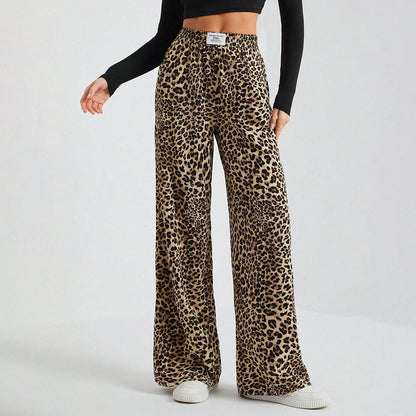Damenhose mit Buchstaben-Leopardenmuster und geradem Bein, elastische Taille, Y2K-Hose, Unterteil mit Taschen