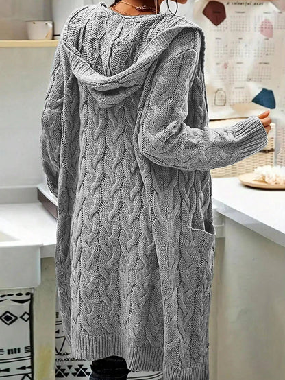 Women's Pocket Drop Shoulder Cardigan, Hooded Long Sleeve Warm Top, Casual Textured Knit Open Front Cable Outwear, Sweaters for Women