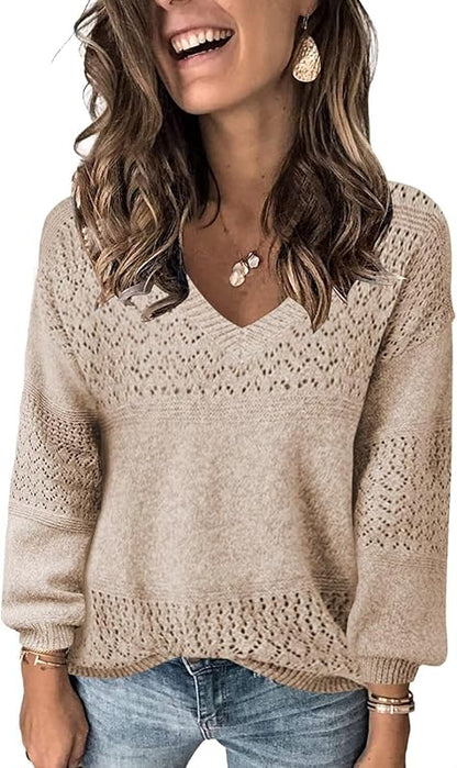 Womens Sweaters 2025 Fall V Neck Long Sleeve Hollow Knit Pullover Sweaters for Women - Seldom Seen Styles