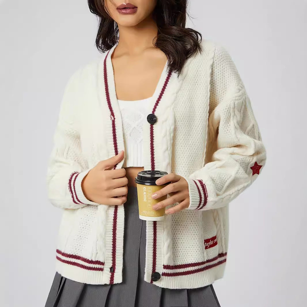 Women's Star & Letter Embroidery Textured Button Front Cable Knit Cardigan, Casual Drop Shoulder Long Sleeve V Neck Cardigan, Women's Knitwear for Fall & Winter - Seldom Seen Styles