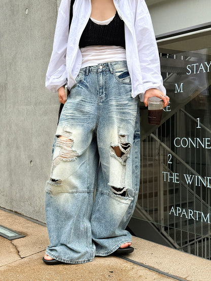 Women's Distressed Ripped Wide Leg Jeans High Waist Baggy Denim Pants Streetwear Y2K Casual Summer Outfit