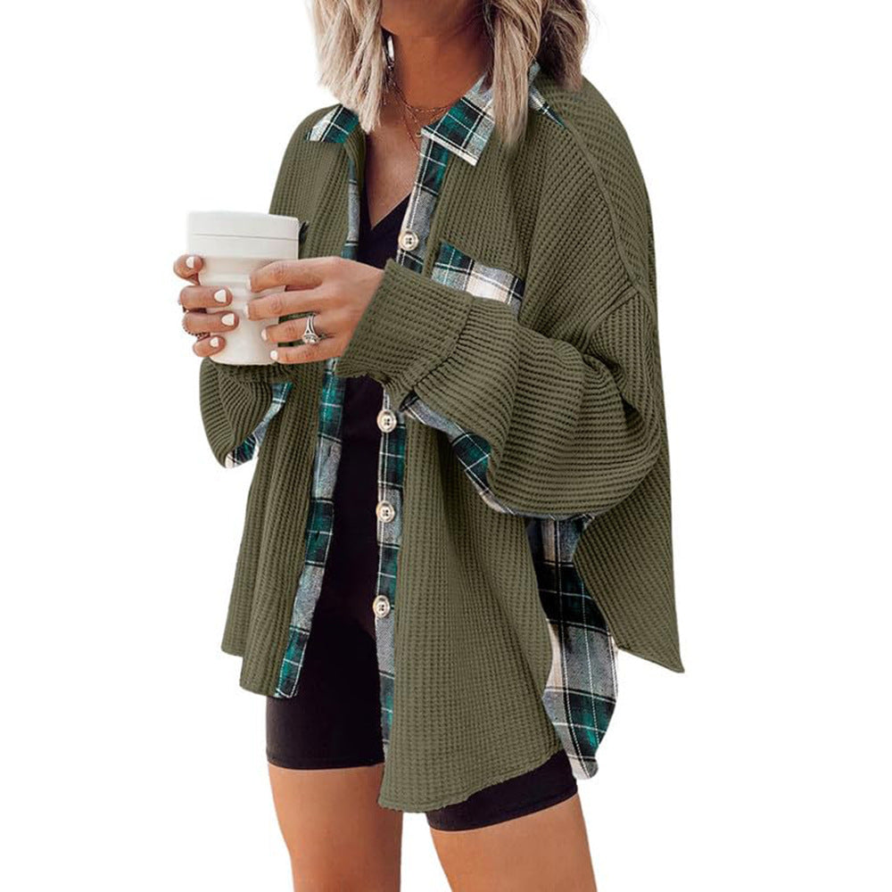 Womens Waffle Knit Plaid Shacket Boyfriend Button Down Shirt Jacket Loose Long Sleeve Tops