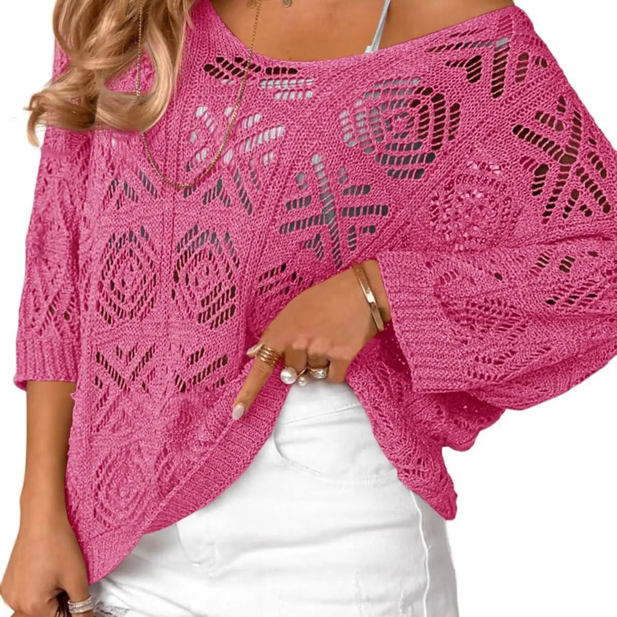 Fisoew Women's Bohemian-Inspired Beige Crochet Top with V-Neck #Springtok #TikTokShopJumpstartSale Casual Chic - Seldom Seen Styles