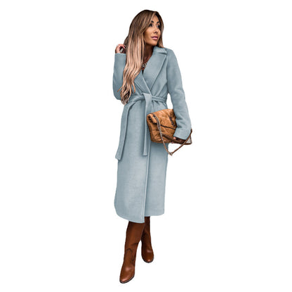 Long-Sleeved Woolen Coat Simple Lace up Trench Coat Autumn Winter Women's Clothing Solid Color Polo Collar