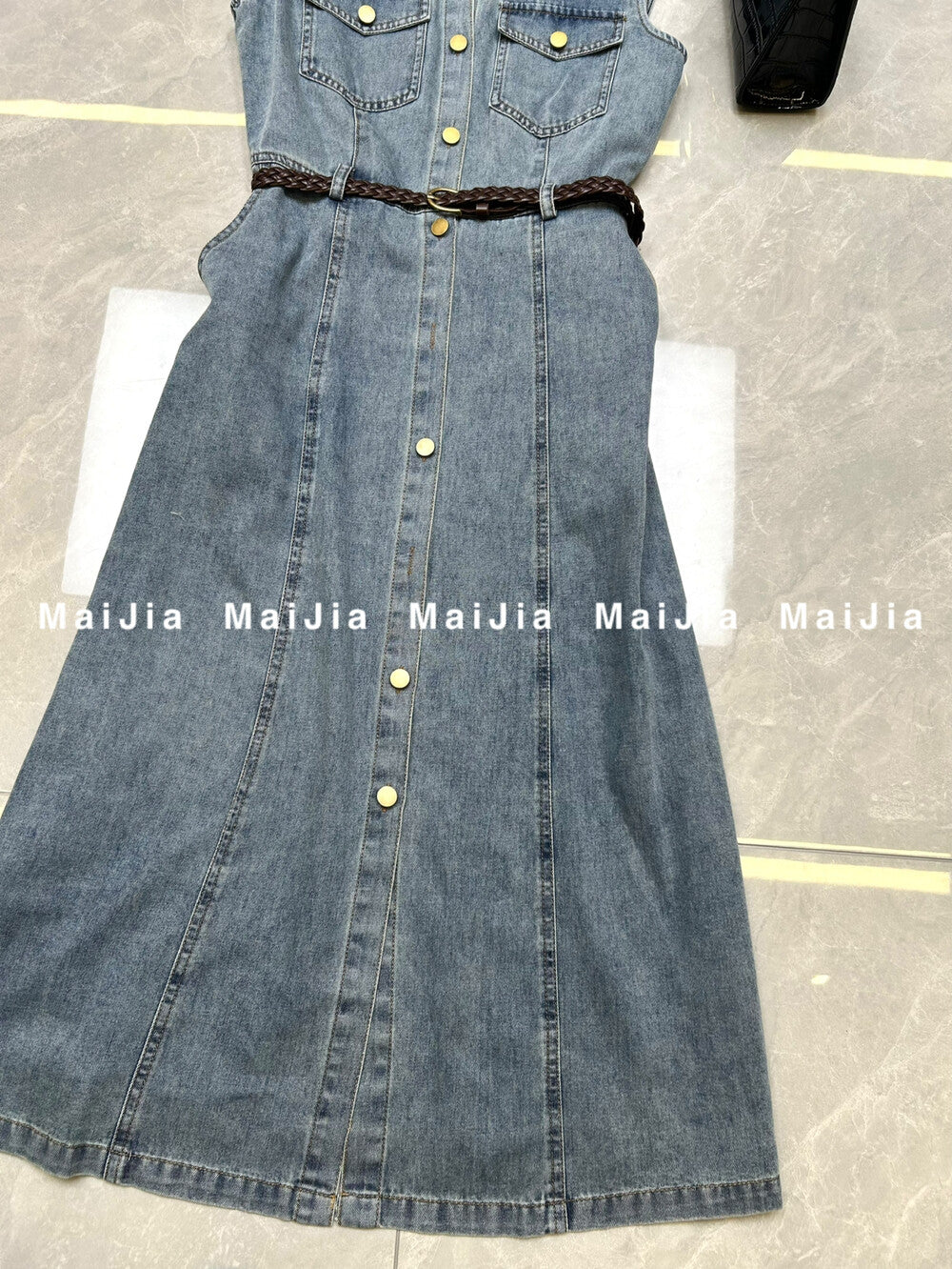 Women's Light Blue Denim Sleeveless A-Line Midi Dress Gold Button Dual Chest Pockets with Free Braided Belt S M L XL - Seldom Seen Styles