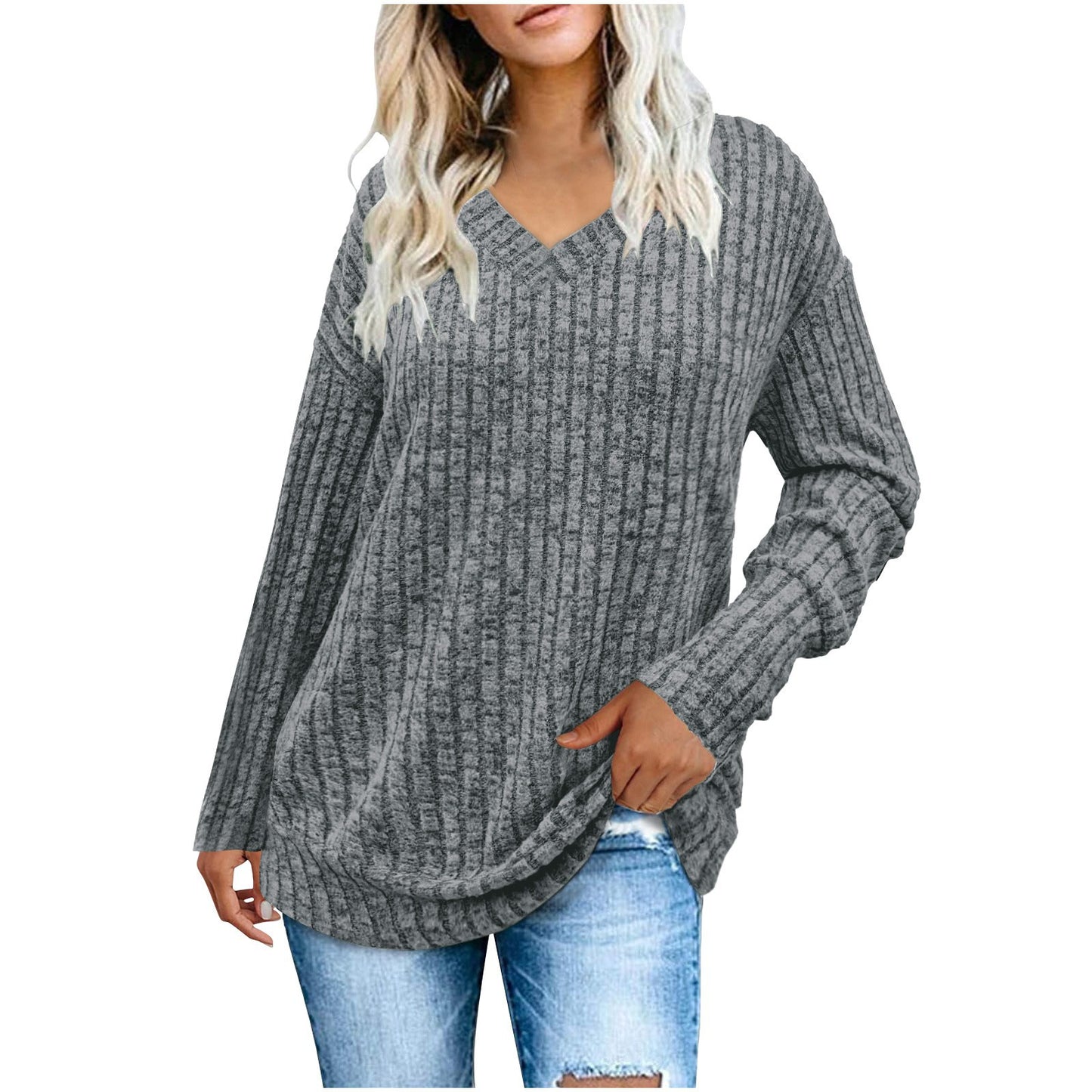 2023Cross-Border European and American Women's Clothing  Women's Long SleeveVCollarTShirt Sunken Stripe Brushed  Amazon Fashionable Elegant Top