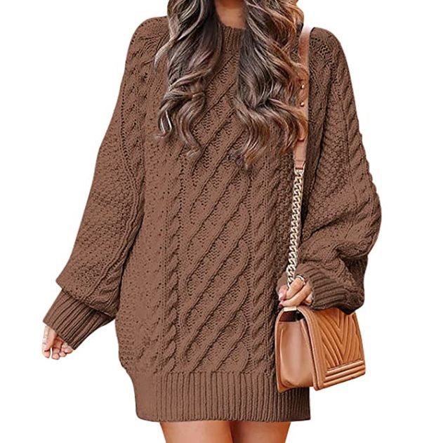 European and American Women's Clothing round Neck Long Sleeve Large Profile Twisted Knitted Thick Needle Pullover Mid-Length Warm Sweater for Women Dress