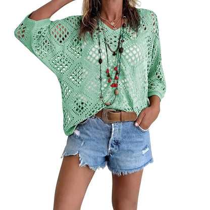 Fisoew Women's Bohemian-Inspired Beige Crochet Top with V-Neck #Springtok #TikTokShopJumpstartSale Casual Chic