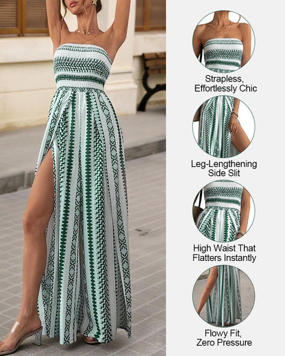 Women's Strapless Smocked Boho Jumpsuit Wide Leg High Slit Flowy Beach Vacation Summer Outfit
